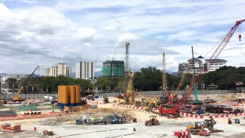 Construction site in midtown of modern city from top view Stock Footage 79301636