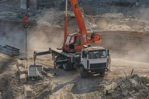 Construction Site with Mobile Crane and Truck Rigging Foto stock