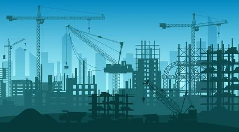 Construction site, modern city skyline, silhouettes of steel frames for Stock Illustration