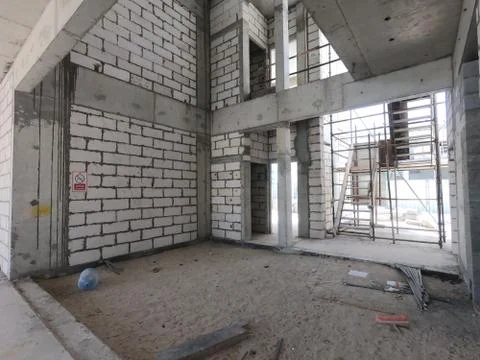 Construction Site of a modern house on a plot of land. No People present. 스톡 사진