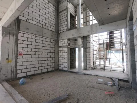 Construction Site of a modern house on a plot of land. No People present. Stock Photos