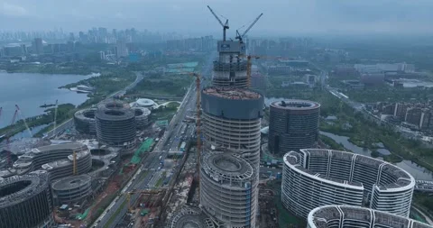 Construction site of modern office buildings in Chengdu city, China Stock Footage 307604166