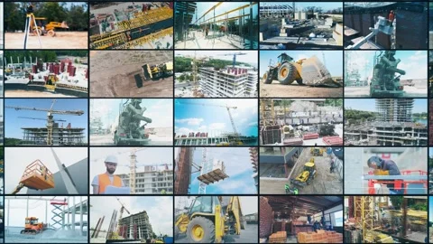 Construction site multiscreen video. Modern building collage. Modern building Vídeos de archivo 255304584
