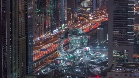Construction site of the Museum of the Future aerial day to night timelapse.. Stock Photos