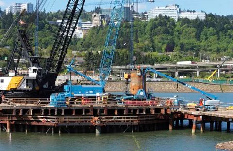 Construction site for a new bridge. Stock Photos