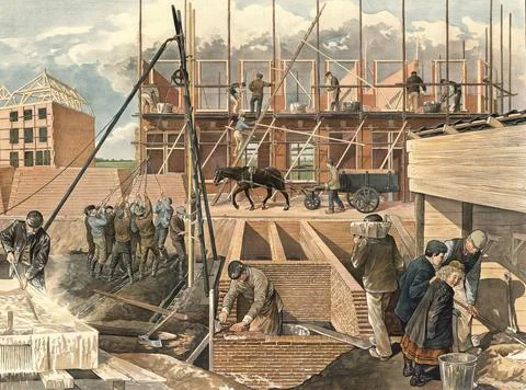 Construction site with numerous workers around 1910, various traditional crafts, Stock Illustration