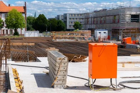 Construction site with orange electrical box Stock Photos
