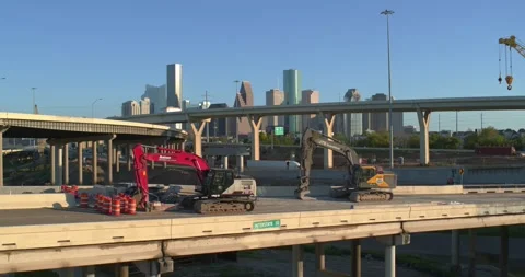 Construction Site Perspective: Downtown Houston and I-45 North Freeway Drone Stock Footage 333275746
