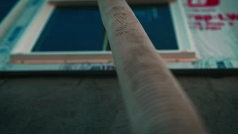 Construction site pipe hose installation near window at a new building Stock Footage 310160908