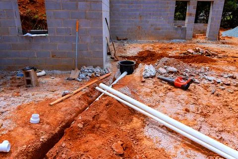 Construction site with pipes, tools, dirt in at new building location Stock Photos