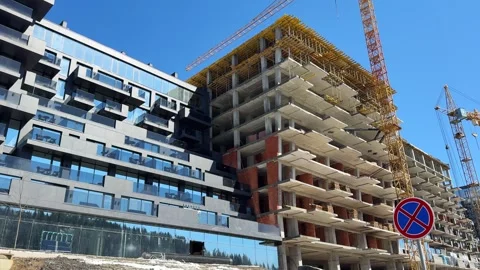 Construction site progress modern building taking shape Stock Footage 309481327