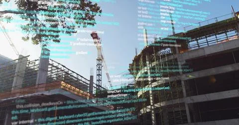 Construction site receiving teal code overlay from sunlight, marking cranes 스톡 사진