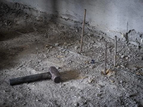 Construction site with reinforcement bars and layout line Stock Photos