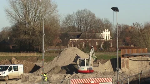 Construction site in the river foreland, creating a high water channel Stock Footage 58567593
