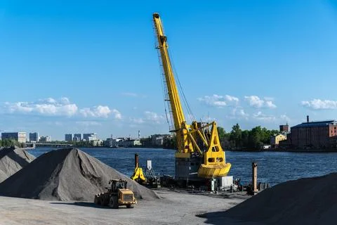Construction site by the river. Stock Photos
