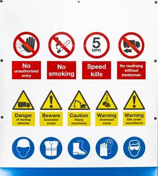 Construction Site Safety Sign with Warning, Prohibition, and Mandatory Symbols Stock Photos