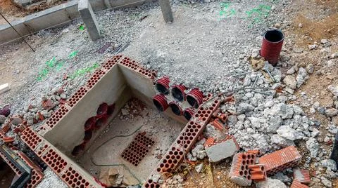 Construction site showing brick laying and utility preparations for street .. Stockfoto's
