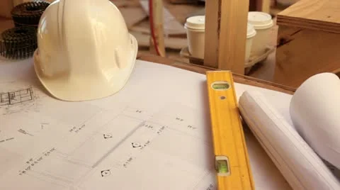 Construction site showing plans and hardhats. Vídeos de archivo 11821159