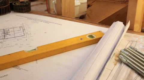 Construction site showing plans and hardhats. Vídeo Stock 11821310