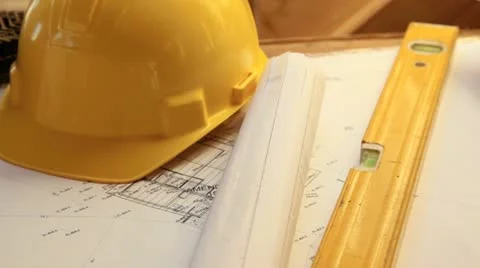 Construction site showing plans and hardhats. Stock-Footage 11821377