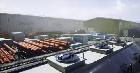 Construction site with stacked materials and pipes during daytime 스톡 일러스트