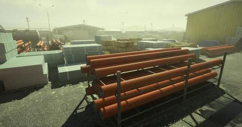 Construction site with stacked materials and storage items in evening light Illustrazione stock
