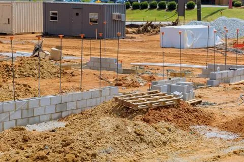 A construction site stacks of cement blocks which are ready to be laid on a wall Stock-Fotos