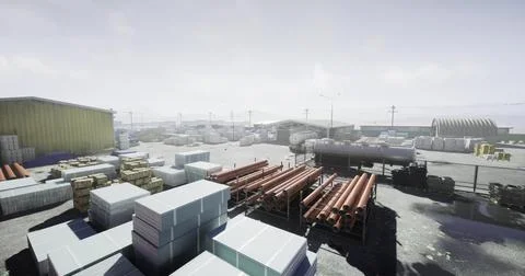 Construction site with stacks of materials under a hazy sky Stock Illustration