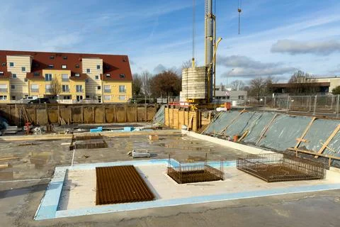 Construction site with the start of foundation work of a large building. Stock Photos