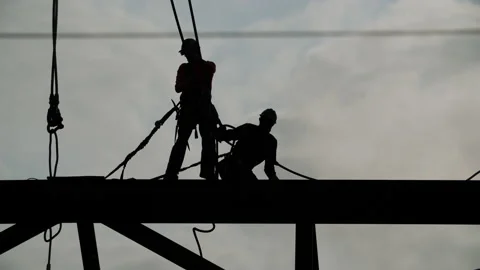 Construction Site Steel Beam Workers Silhouette 4K Stock Footage 189122973