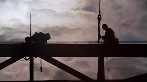 Construction Site Steel Beam Workers Silhouette 4K Stock Footage 189124189