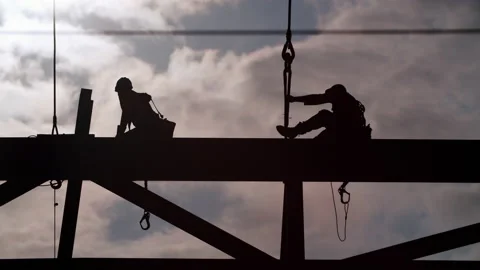 Construction Site Steel Beam Workers Silhouette 4K Stock Footage 189124807