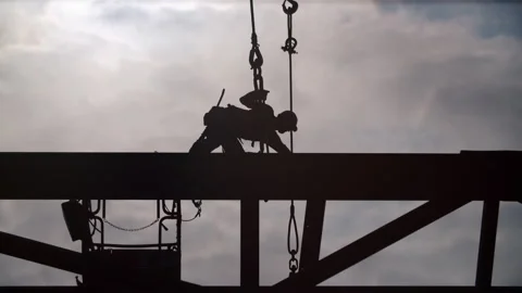 Construction Site Steel Beam Workers Silhouette 4K Stock Footage 189125619