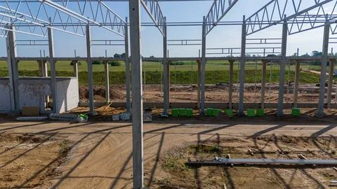 Construction Site with Steel Framework and Concrete Columns Stock Photos