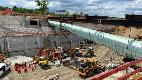 Construction site of the Stuttgart21 railway project with huge machinery at the Stock Footage 133257172