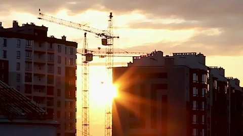 Construction Site at Sunset. Construction Site in Ukraine Stock Footage 247164108