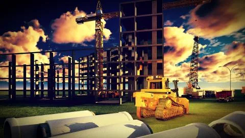 Construction site at sunset Stock Illustration