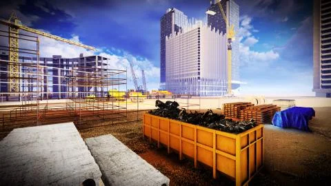 Construction site at sunset Stock Illustration