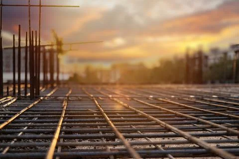 Construction site in sunset lighting, end of work shift Stock Photos