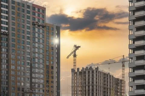 Construction site at the sunset. Stock Photos