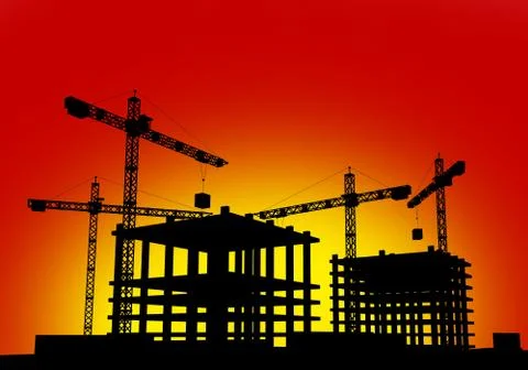 Construction site in sunset simple background illustration. buildings constru Stock Illustration