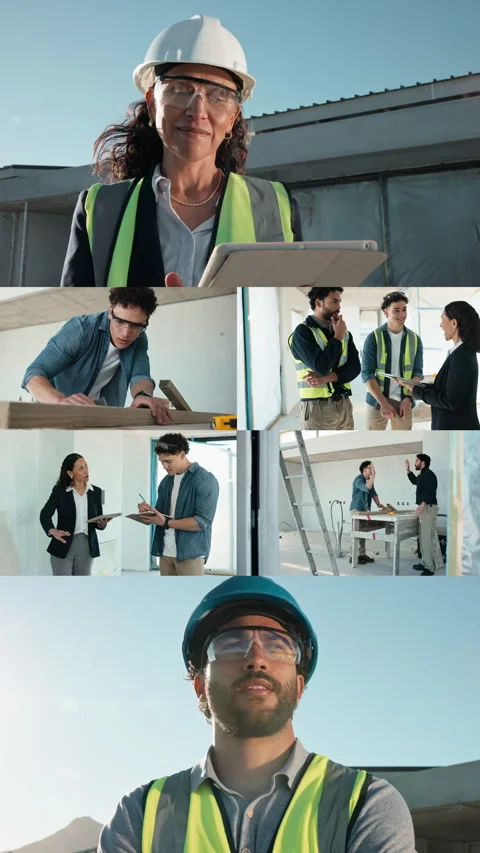 Construction site, tablet and people with feedback for inspection, planning and Stock Footage 343490736