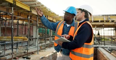 Construction site, team and planning with engineer, tablet and safety inspection Stock Photos