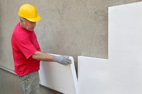 Construction site, thermal insulation of wall Stock Photos