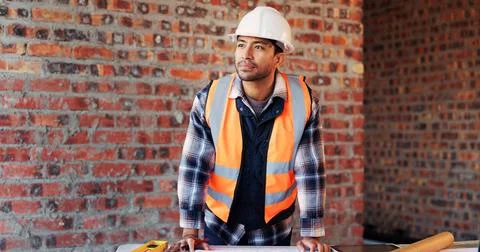 Construction site, thinking and man with planning, document and inspection for Stock Photos