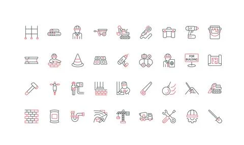Construction Site Tools and Equipment Line Icons Stock Illustration