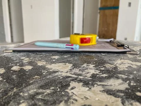 Construction site tools on clipboard Stock Photos