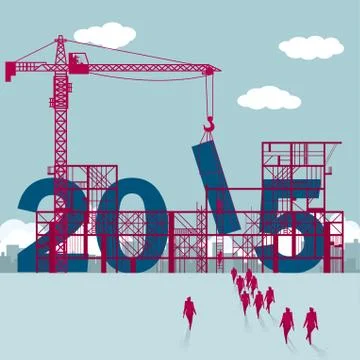 At the construction site, the tower crane is lifting the digital symbols. Stock Illustration