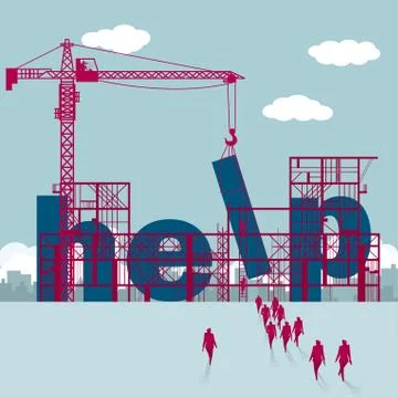 At the construction site, the tower crane is lifting the "help". Ilustración de archivo