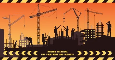 Construction site. Tower cranes black silhouette. Engineers working. City Stock Illustration